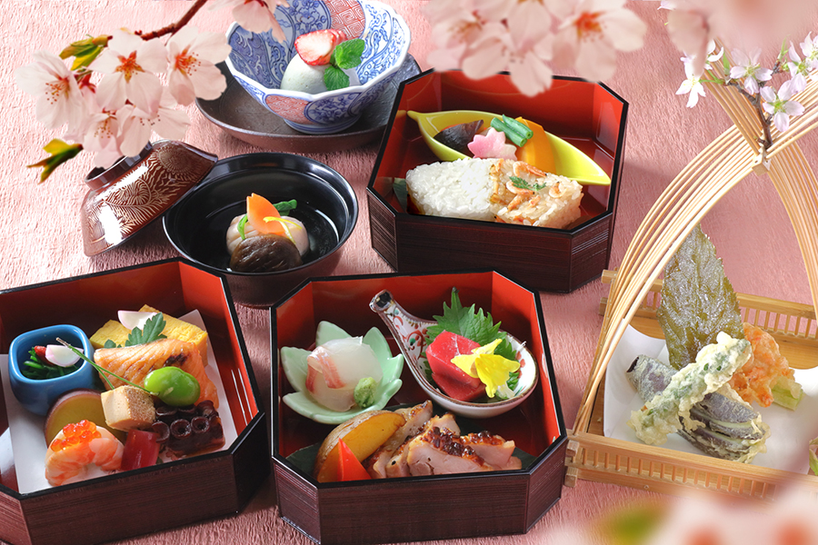お花見彩三段重「観桜」（さくら緑茶と干菓子付）（4月1日より）
